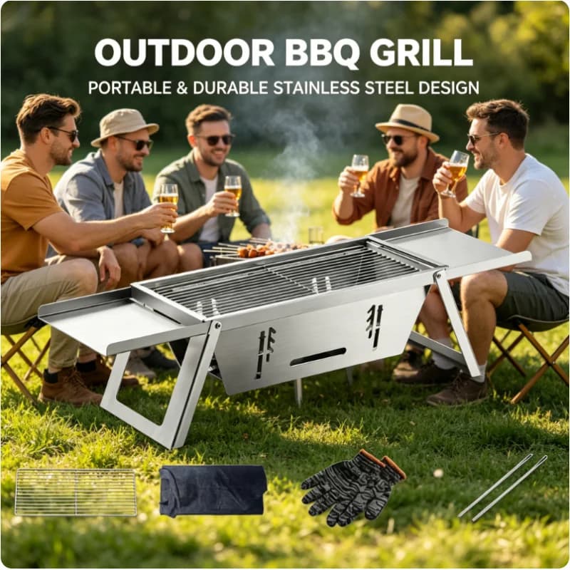 Griglia BBQ Pieghevole in Acciaio Inox, Barbecue a Carbone Portatile per Esterni, Piccolo Griglia per Casa, Campeggio, Picnic e Spiedini