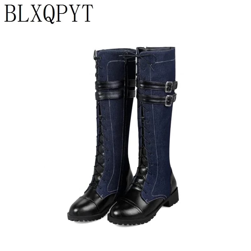 BLXQPYT Autunno Inverno Stivali alti al ginocchio Donna Tacchi spessi Zip Punta lunga rotonda Blet Stivali con plateau con fibbia Big Size 44 45 46 Z811