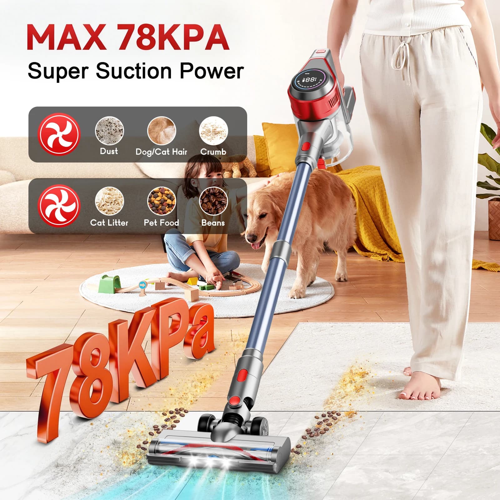 Aspirapolvere Senza Fili Honki 73KPA, 45 Minuti di Autonomia, 6*2200mAh, Leggero, per Casa, Pavimenti in Legno, Tappeti e Peli di Animali