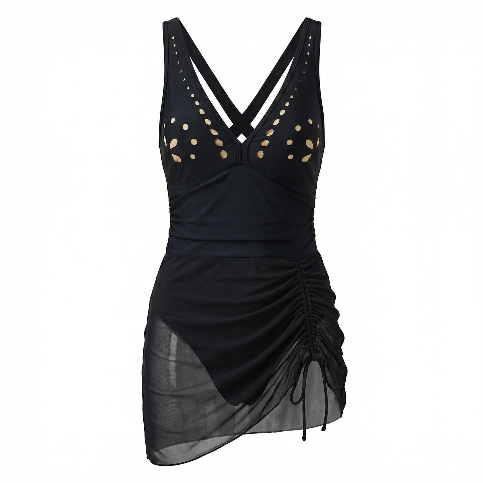 Costume da bagno tankini da donna, tinta unita, modellante, senza maniche, scollo a V, con cut-out e coulisse