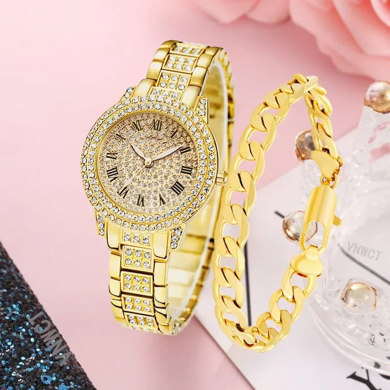 Orologio da donna di lusso con diamanti, bracciale a catena, orologio al quarzo da donna, orologio da polso in oro, orologio da polso da donna, cristallo lucido Reloj Mujer