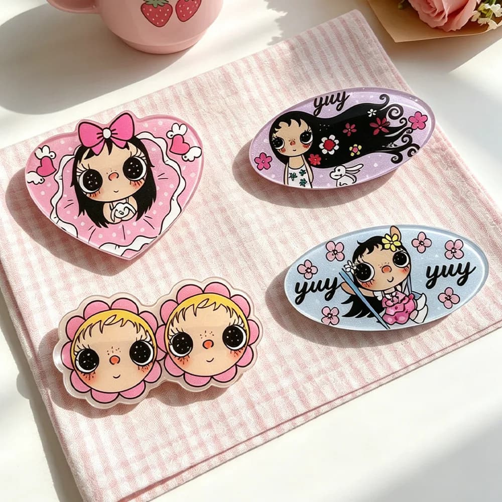 4 pieces of Yuyu cartoon girl acrylic hair clips - heart-shaped flower, oval-shaped side parting clips, girl-shaped beak clips,