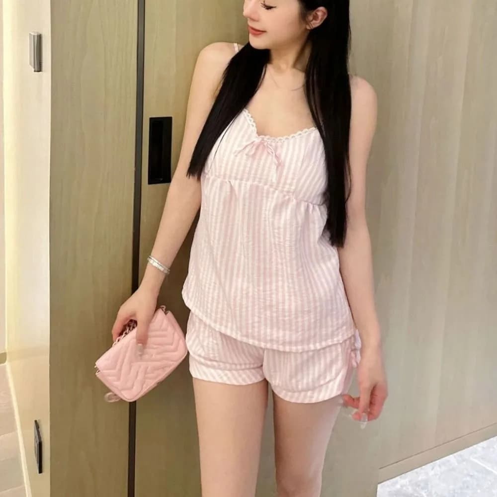 Bowknot Lace Stripe Pajama Suit Sleeveless Slim Fit Camisole Shorts Nightwear Deep V Neck Women Sleepwear Two Pieces Pajama Sets