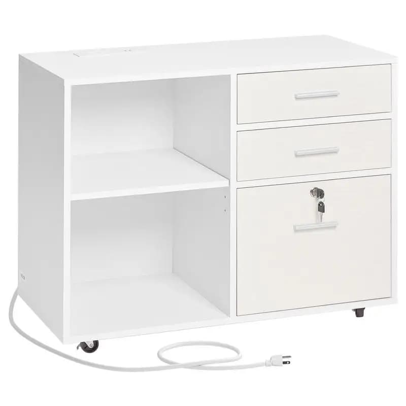Rolling Storage Credenza 32" For Home Office School Workspace, LED Light Strip Integrated Lockable Drawers Adjustable Shelves 5 Wheels White Printer Stand
