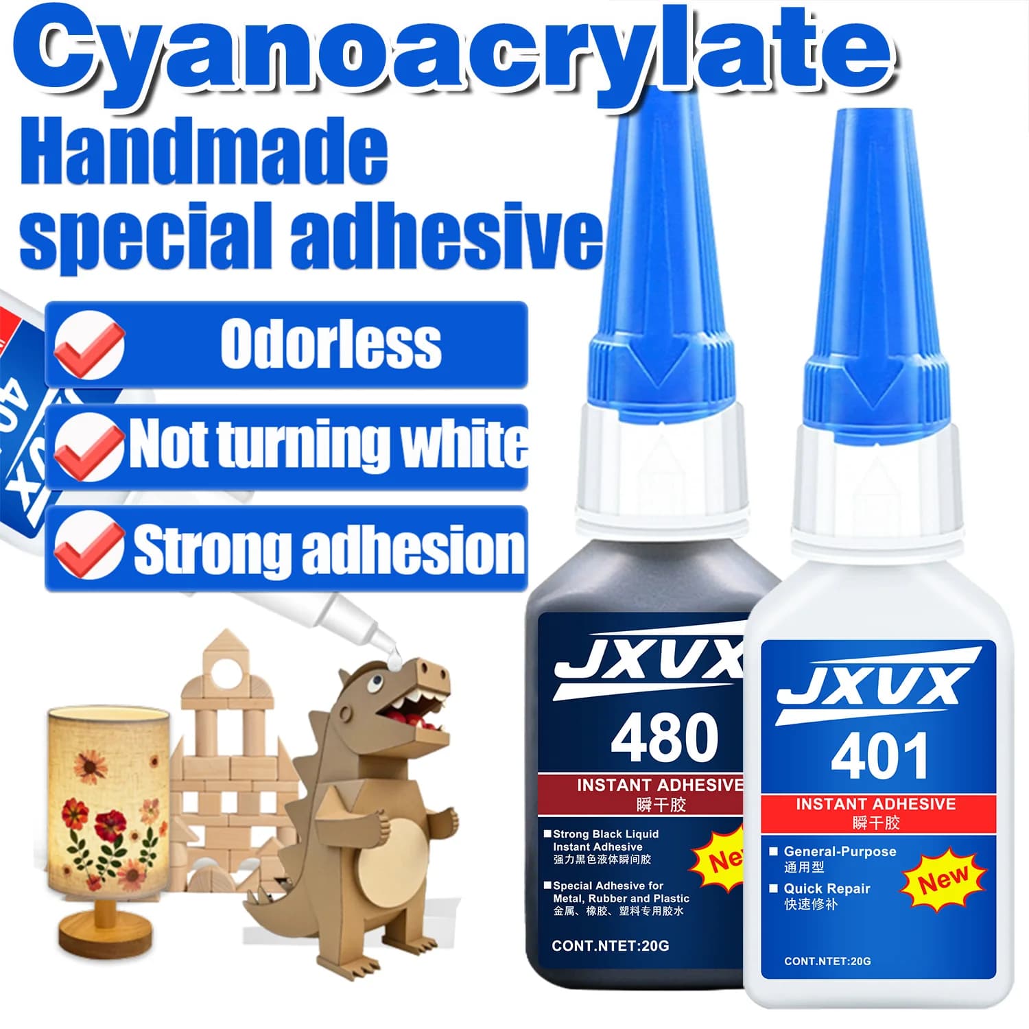 Kit professionale di supercolla multiuso 401/480 da 20 g – Colla CA (adesivo cianoacrilato) resistente e ad asciugatura rapida – con tappo anti-intasamento, puntali di precisione e ugelli di ricambio per lavori artigia