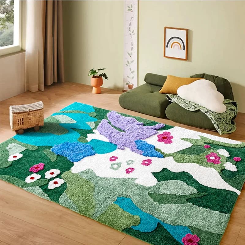 Living Room Carpet Forest Green Home Area Rug Modern Art Room Bedroom Plush Carpets Thick Bedside Balcony Rug Bedside Mat