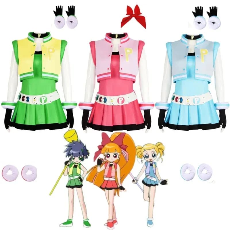 Anime Powerpuff Girls Cosplay Girls Costume Set Full Flower Buttercup Bubbles Dress with Belt Set Halloween Fancy Dress