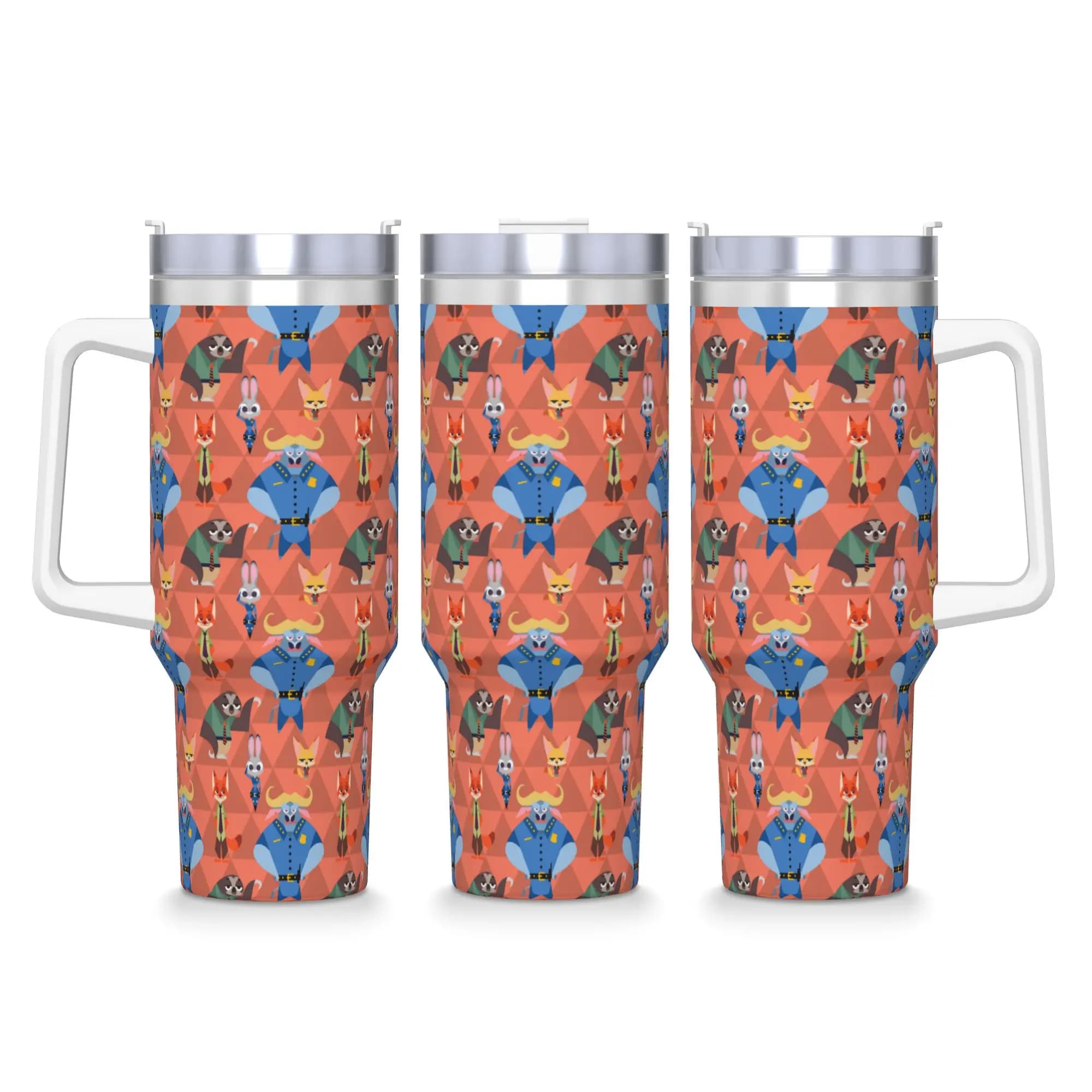 Tazza Termica Triangolare in Acciaio Inox Zootopia 'Reporting for Duty' con Cannucce e Coperchio, 40oz, per Auto e Bevande