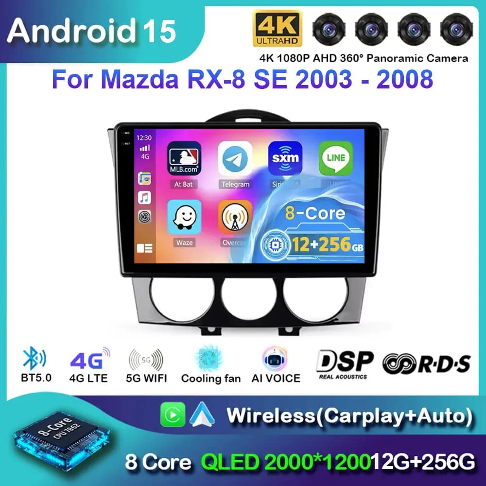 Android 15 Per Mazda RX-8 RX 8 RX8 SE 2003 - 2008 CPU ad alte prestazioni carplay 4G WiFi Navigazione GPS Dash Cam HDR