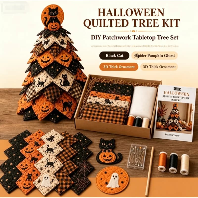 Vintage Halloween Quilted Fabric Tree Kit Black Cat Spider Pumpkin Ghost DIY Patchwork Tabletop Tree Set 3D Thick Tree Ornament
