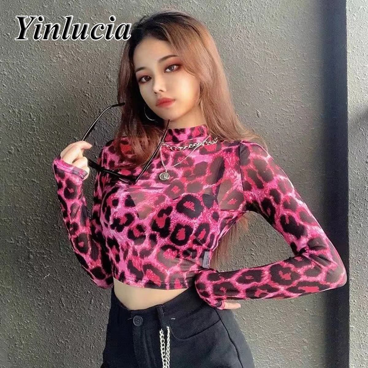 T-shirt sottile elastica leopardata rosa Top all'ombelico Camicette da donna Camicia sexy con protezione solare in rete Camicetta Hot Babes Pullover Y2K Street Wear