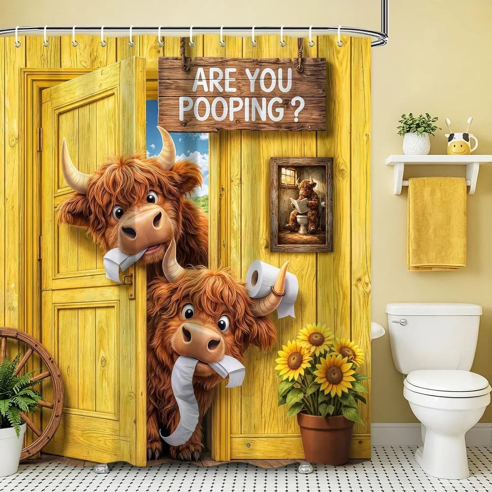 Brown Highland Cattle Shower Curtain Funny Farm Animals Sunset Rustic Flowers Scenery Fabric Bathroom Curtains Decor With Hooks