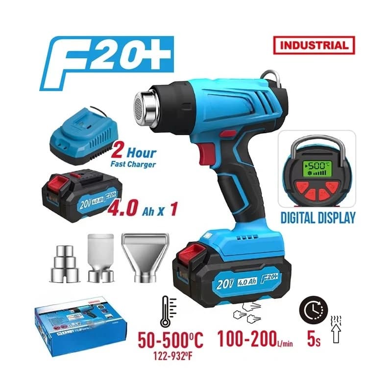 20V Cordless 100-200L/min Temperature Adjustable Battery Lithium Heat Gun Digital Screen with 4.0Ah