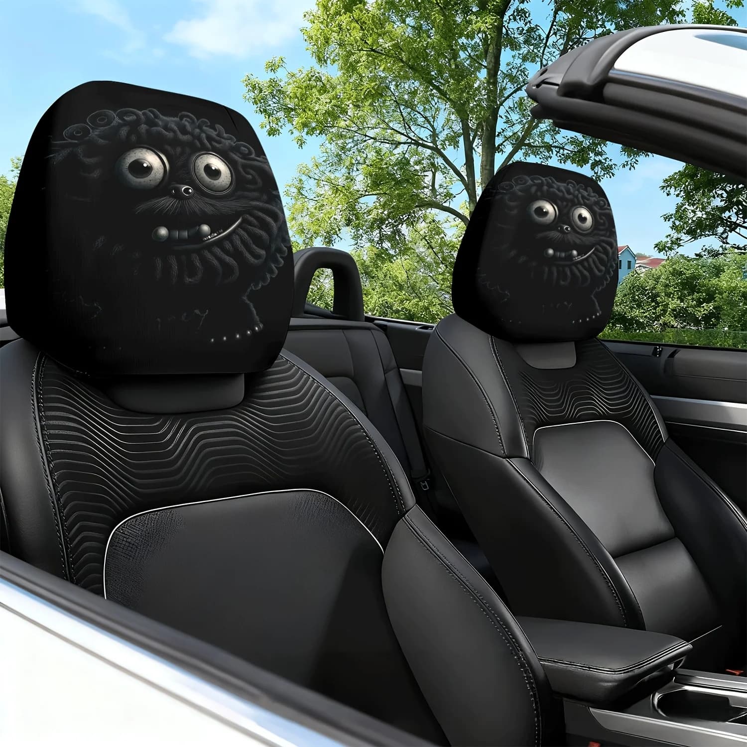 2 Pezzi Copricuscino per Poggiatesta Auto con Stampa Fantasia Ombra Nera Misteriosa e Sorriso - Design Carino