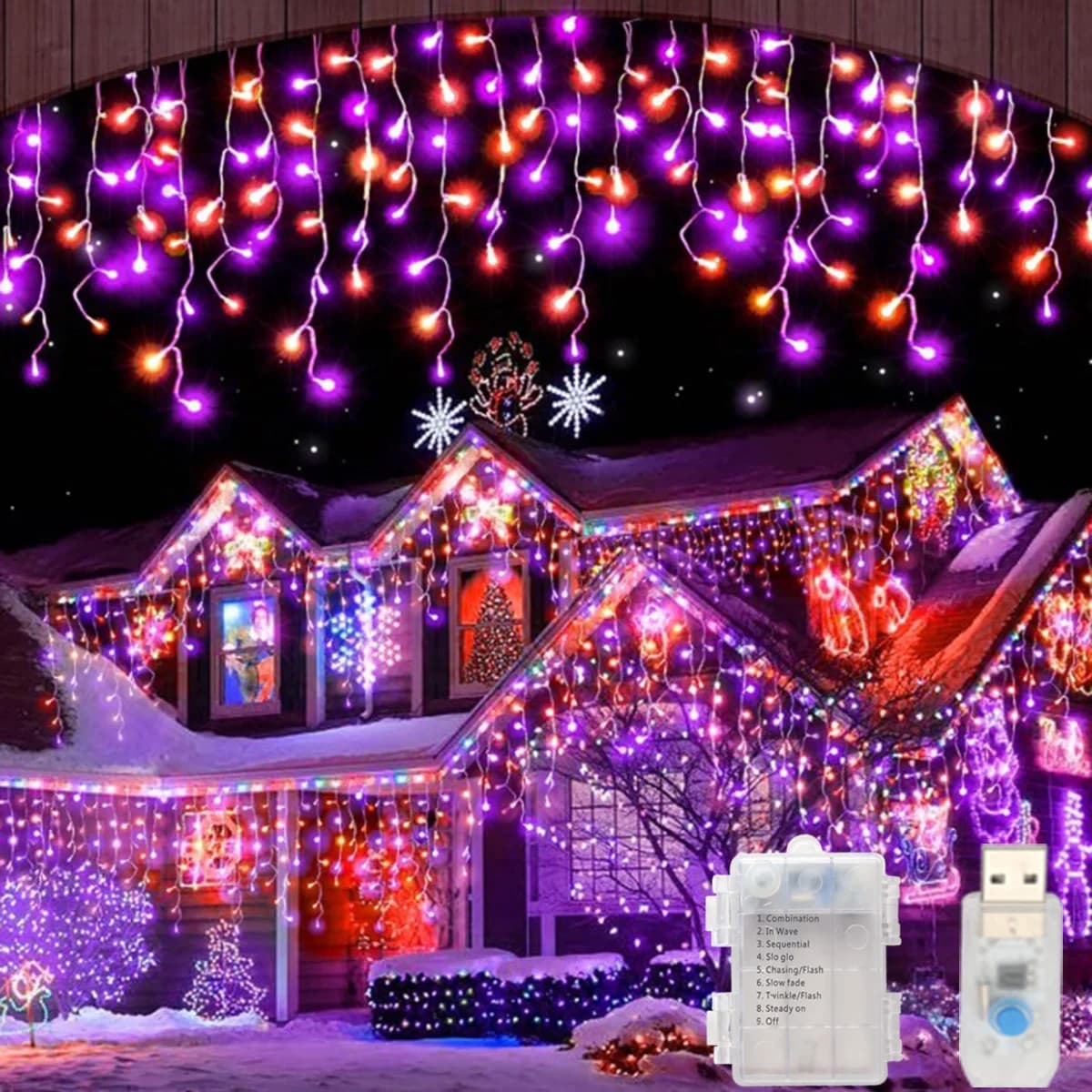 Luci della stringa di Halloween 3.5M 105LED Luci leggiadramente del ghiacciolo viola alimentate a batteria USB per la decorazione di Halloween del giardino di Natale della festa