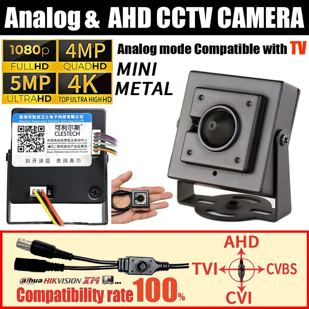 Super Mini 4in1 AHD/TVI/CVI/Metal Analog Camera with Conical Lenten 2.8mm, 8MP 5MP 1080P Ultra HD, OSD Menu, Micro Monitor