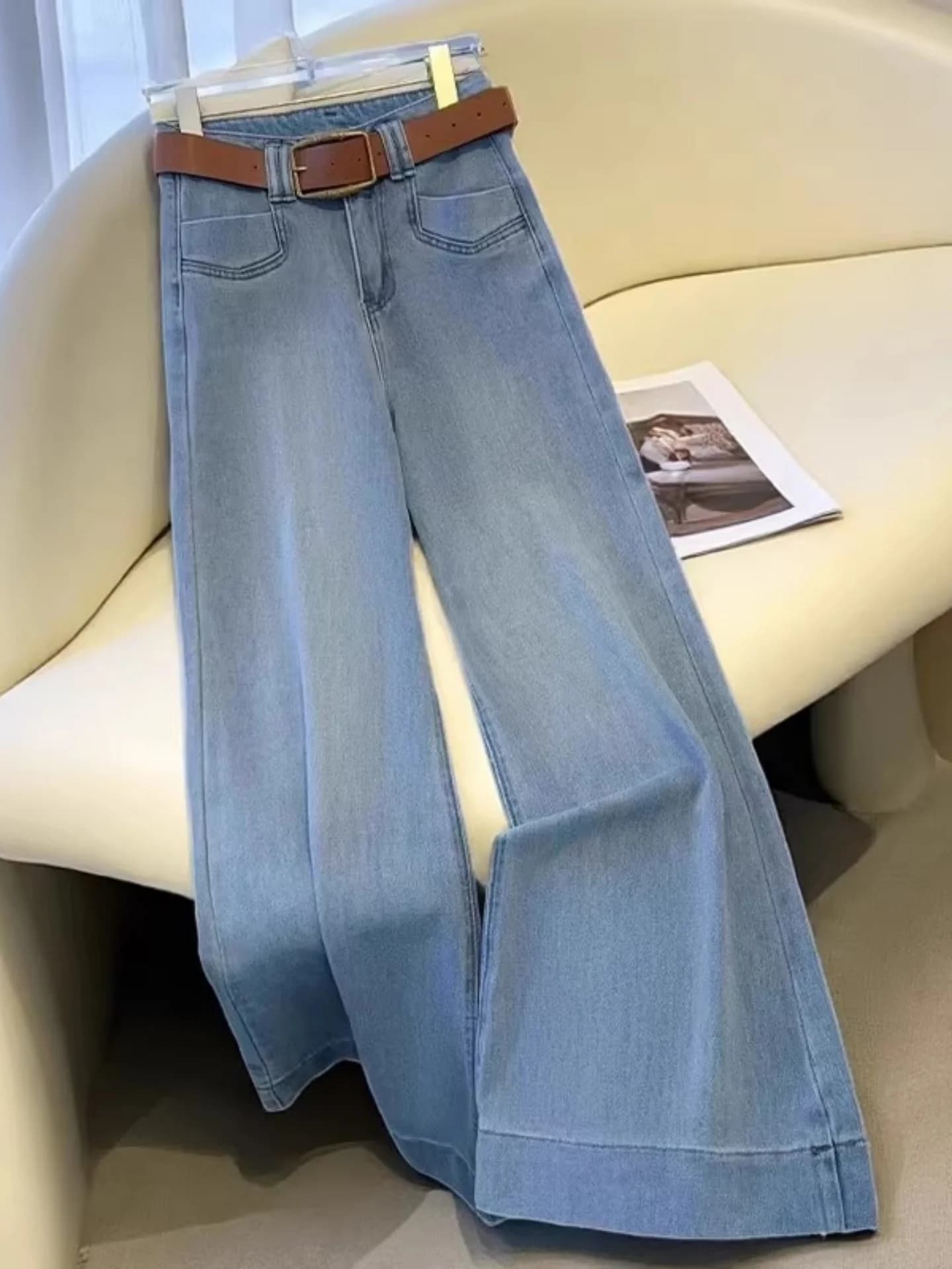 Jeans a Vita Alta e Gamba Larga da Donna, Nuovo Stile Primavera-Estate, Pantaloni Asimmetrici a Linea A, Lunghi fino al Pavimento, in Denim di Cotone per il Lavoro