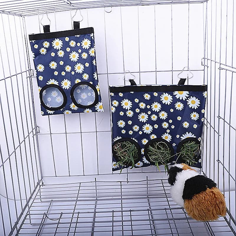 Borsa per fieno sospesa a 2/3 fori con ganci per coniglietti porcellini d'India mangiatoia per piccoli animali borsa per erogatori di cibo per conigli borsa per l'alimentazione degli animali domestici