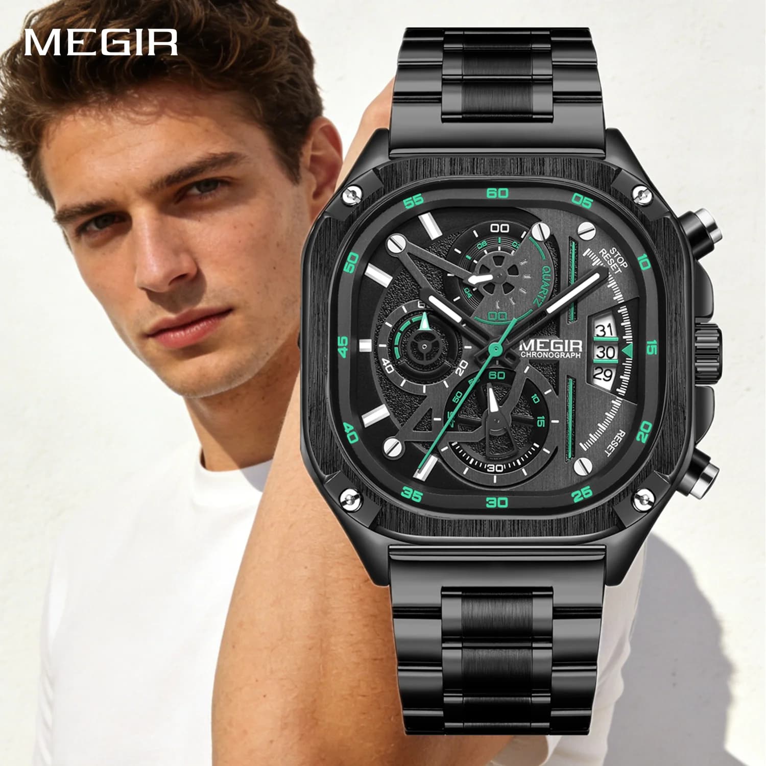 Orologi al Quarzo MEGIR per Uomo, Elegante Orologio da Polso Sportivo Quadrato, Cronografo Impermeabile 3ATM, Luminoso, con Data Automatica