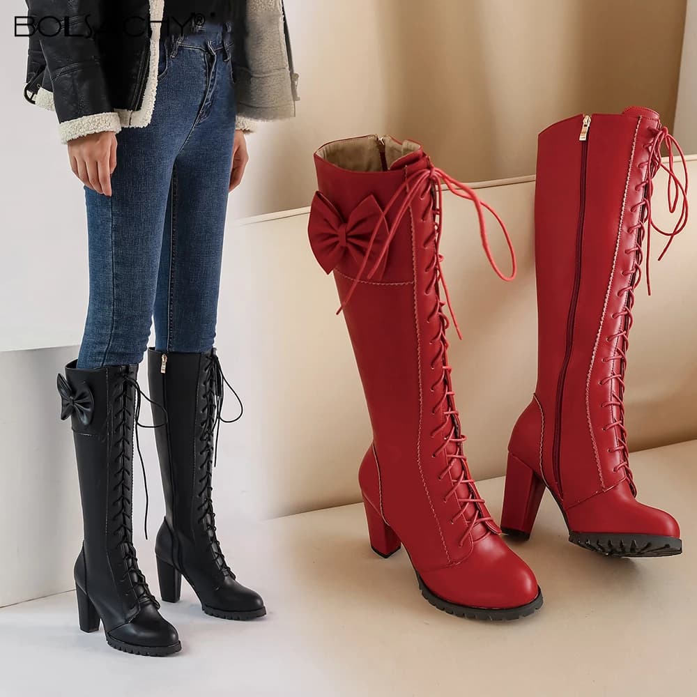 Winter Sweet Women Knee High Boots PU Leather Round Toe 7cm High Block Heels Bowtie Lace-up Lolita Lady Zipper Long Riding Boots