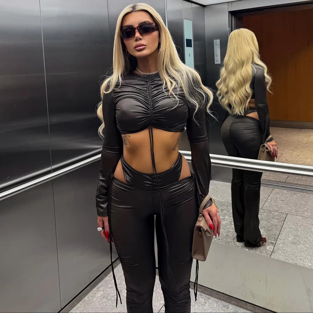 Sexy Pleated Tops 2 Piece Pant Set Outfits Y2K Streetwear Women Winter Fall Fashion Designer Elegant Two Piece Sets