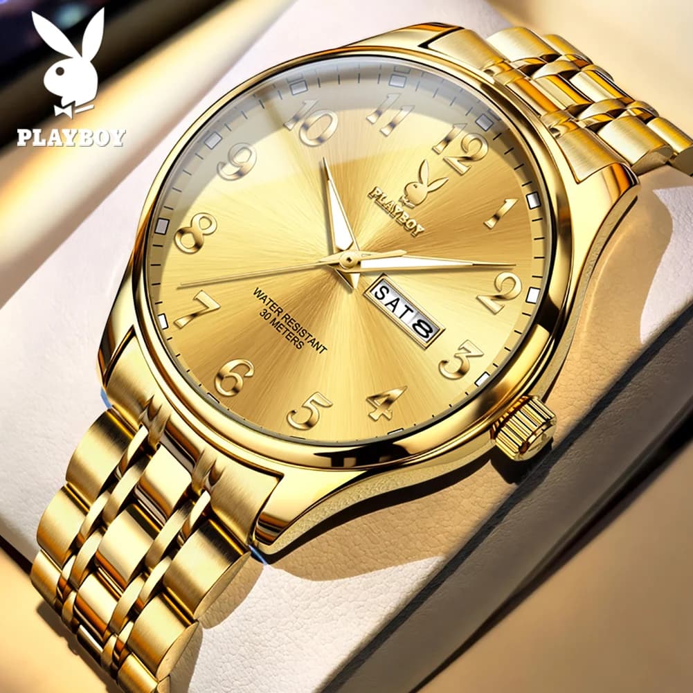 PLAYBOY Orologi al quarzo originali da uomo in acciaio inossidabile con doppio calendario, orologio da polso da uomo d'affari classico di lusso in stile urbano 3533