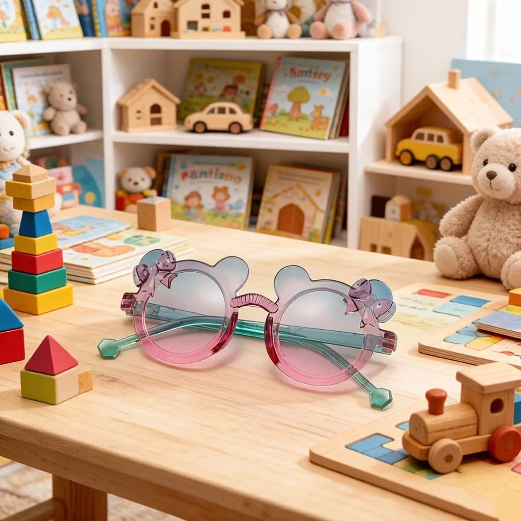 Gradient teddy bear bow glasses with translucent round frames, 3D bear ears, bows, and hexagonal temples for maximum cuteness! The curved round frame fits the face comfortably without pressing on the nose, while the gradient lenses are perfect