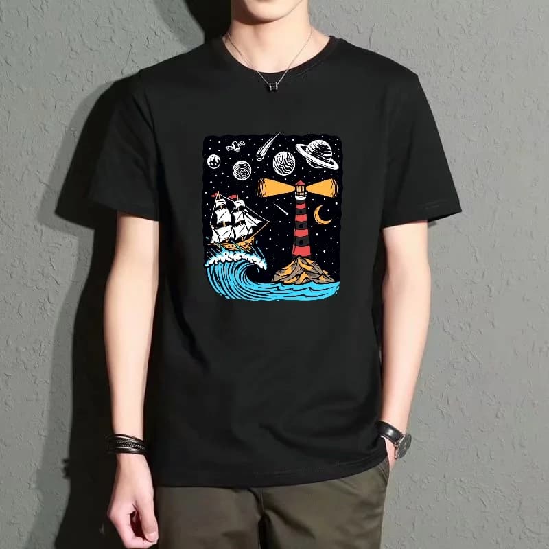 Men's Black Round-Neck Short-Sleeved T-Shirt, Fun Nautical Lighthouse Print Top, Casual Loose Fit, Trendy for Everyday Wear, Breathable and Comfortable Top
