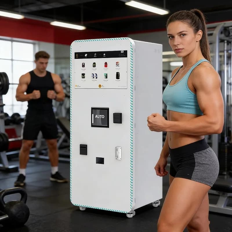 Personalized Automatic Distributor for Gym, Self-Service, Outer Touchscreen, for Prothetic Blends, Hot and Cold Energetic Drinks