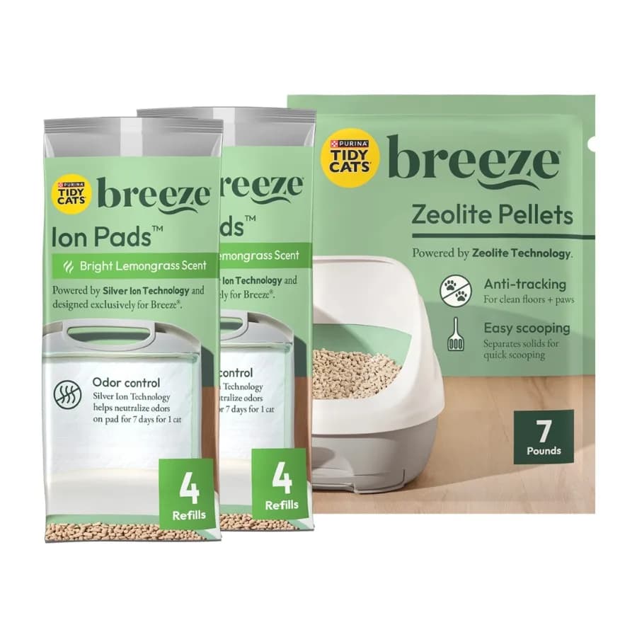 Purina Breeze Sistema Lettiera per Gatti - Confezione di Ricarica con Tappetini Assorbenti agli Ioni e Lettiera in Pellet di Zeolite per un Efficace Controllo degli Odori