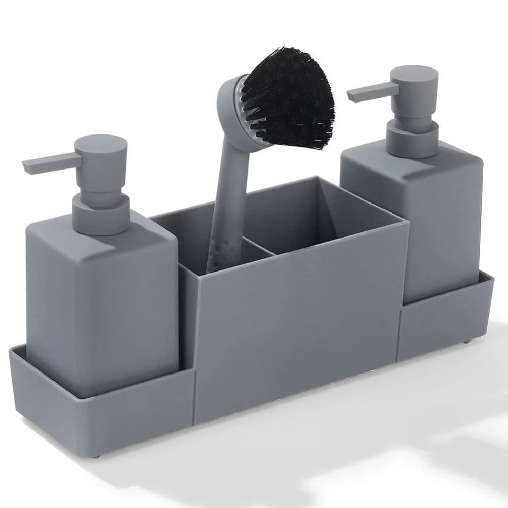 Set Organizzatore per Lavello con Dispenser di Sapone da 350ml, Spazzola per Pulizia, Spugne Multiuso e Vassoio Raccogligocce