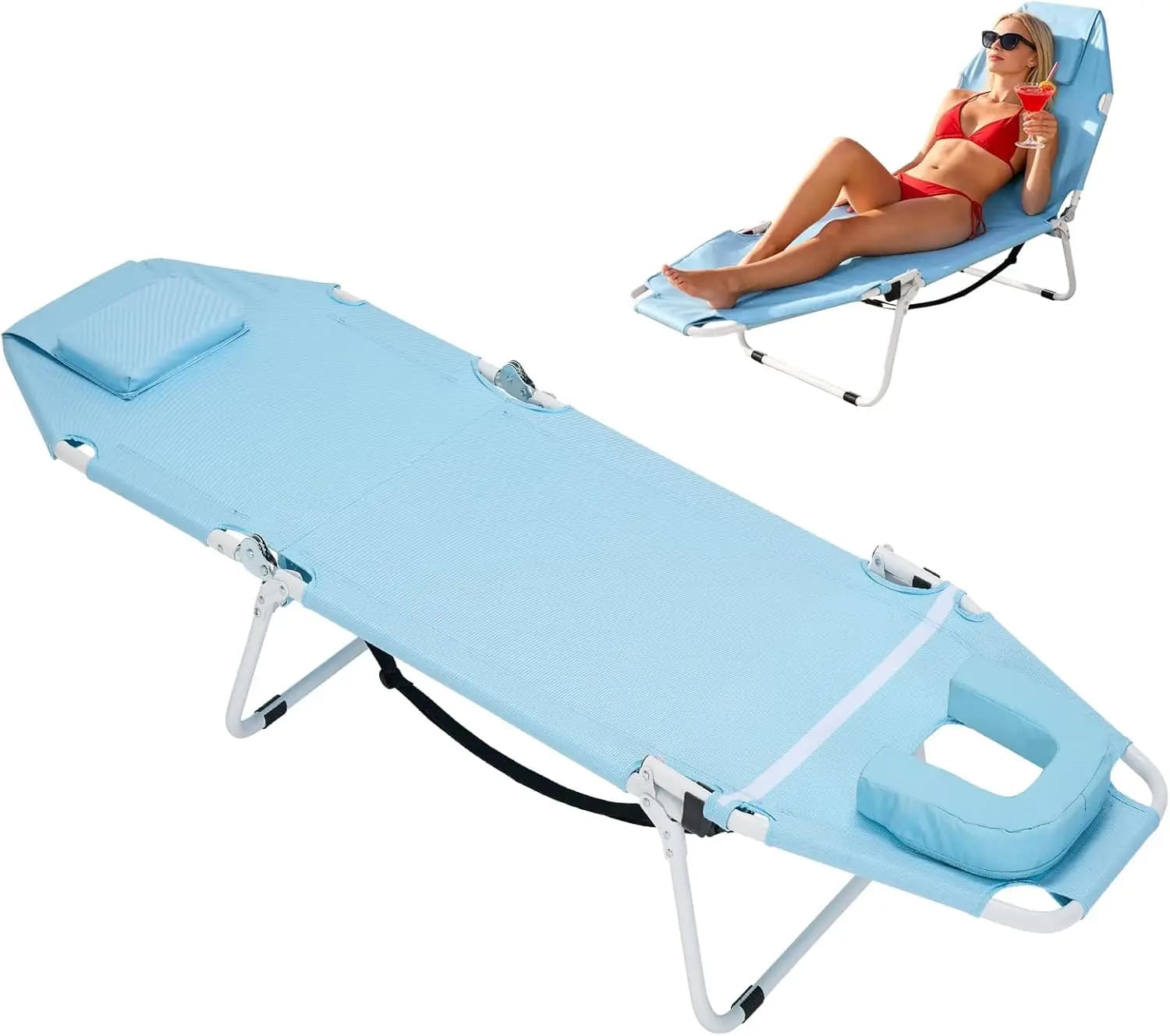 2-in-1 Tanning Chair with Face Hole, Folding Camping Cot for Adults, 5-Position Adjustable Lounge Chair with Pillow, Heavy Duty