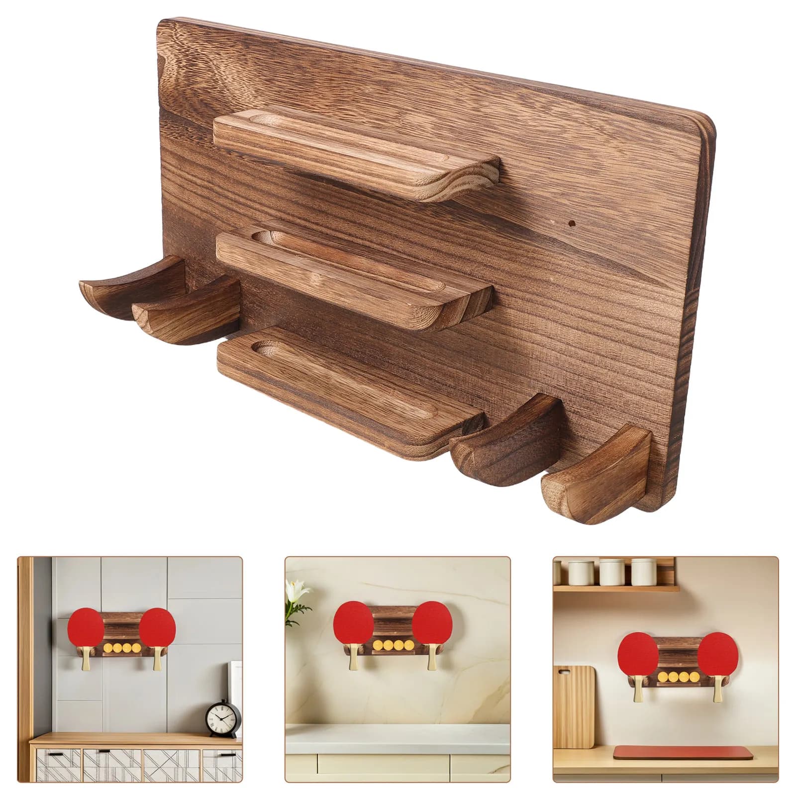 Porta Racchette da Ping Pong da Parete, Organizzatore in Legno per 6 Racchette e 12 Palline, per Sala Giochi e Ufficio