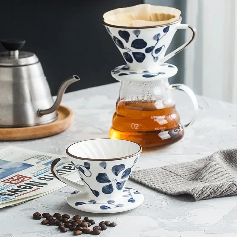 Ceramic Coffee Dripper Hand painted Style Coffee Drip Filter Cup Permanent Pour Over Coffee Maker with Separate Stand for 1-4Cup