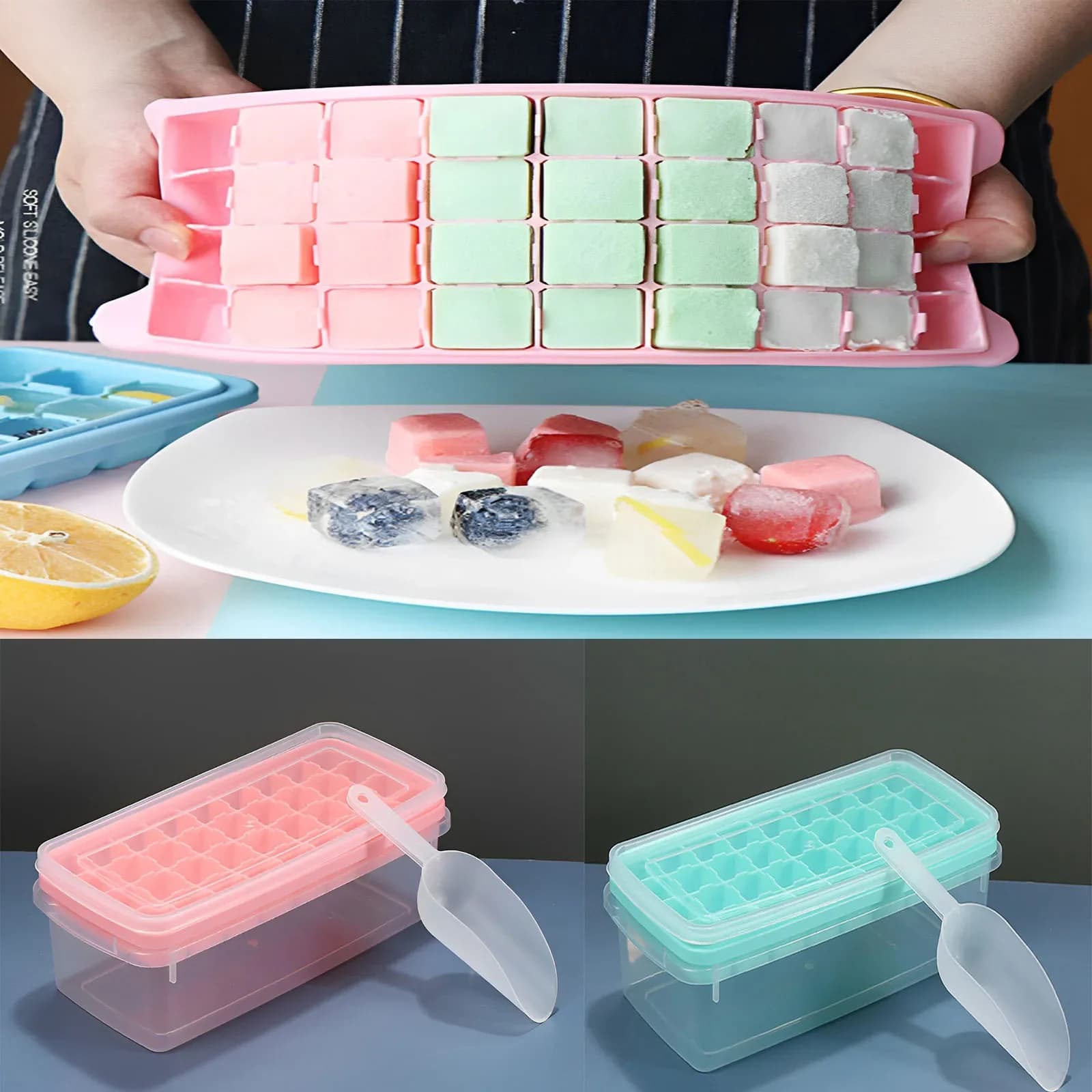 Stampo per Cubetti di Ghiaccio in Silicone Riutilizzabile con 36 Scomparti, Coperchio e Paletta, Utensile da Cucina per Freezer, Stampo Estivo per Ghiaccio alla Frutta