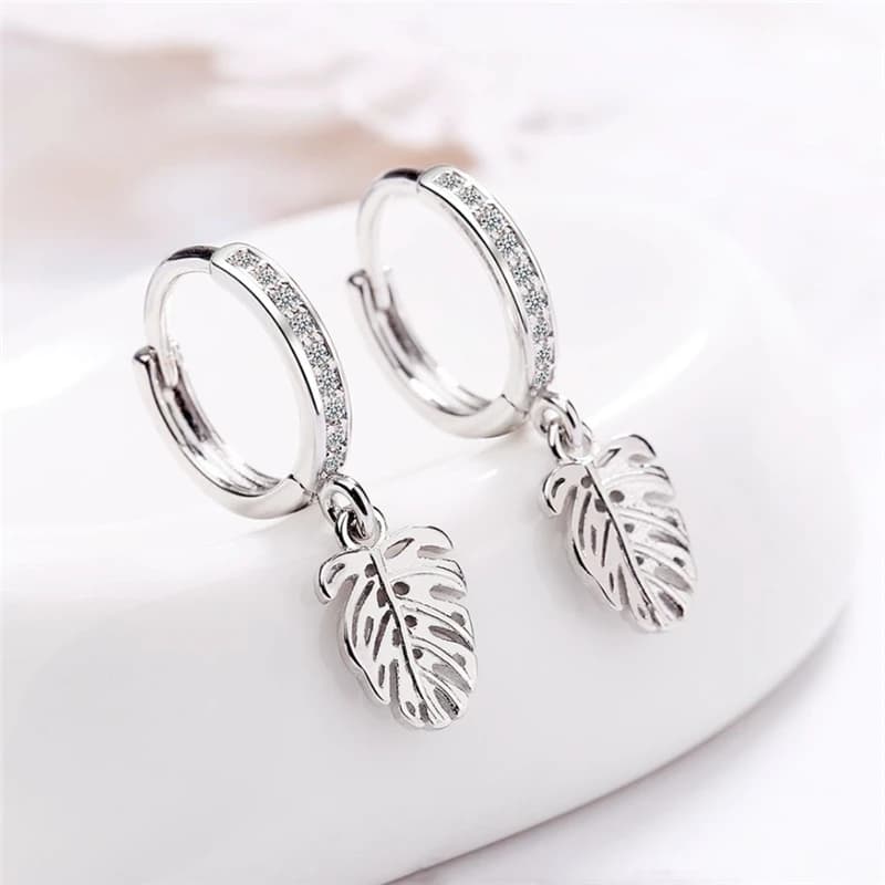 Sole Memory Fresh Leaves Ciondolo con zircone Orecchini pendenti femminili in argento sterling 925 per le donne Ragazza Regalo per feste di lusso EA780