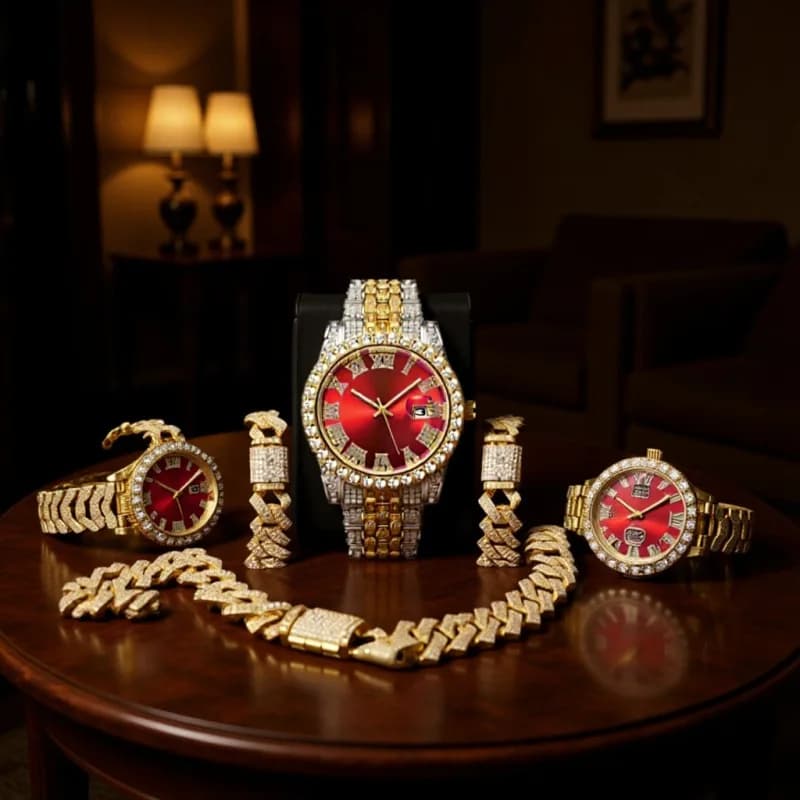 4-in-1 Hip Hop Jewelry Set for Men, Two-tone Iced Out Watch + Cuban Link Chain + Bracelet + Cross Necklace, Gold Silver Tone