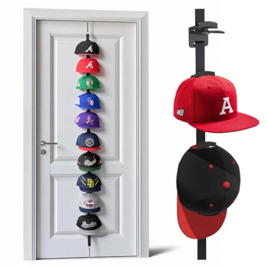 Portacappelli da Porta - Appendi Cappelli Bidirezionale con Ganci Espositivi e Supporto, Organizzatore per Cappellini da Baseball, Porta Cappelli da Appendere Sopra la Porta