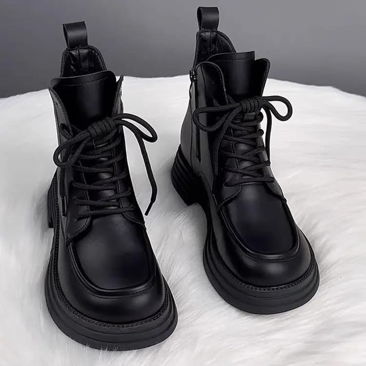 Stivaletti da Donna alla Moda con Plateau e Lacci, Stivali Combat con Cerniera Laterale e Suola Robusta per l'Autunno e l'Inverno