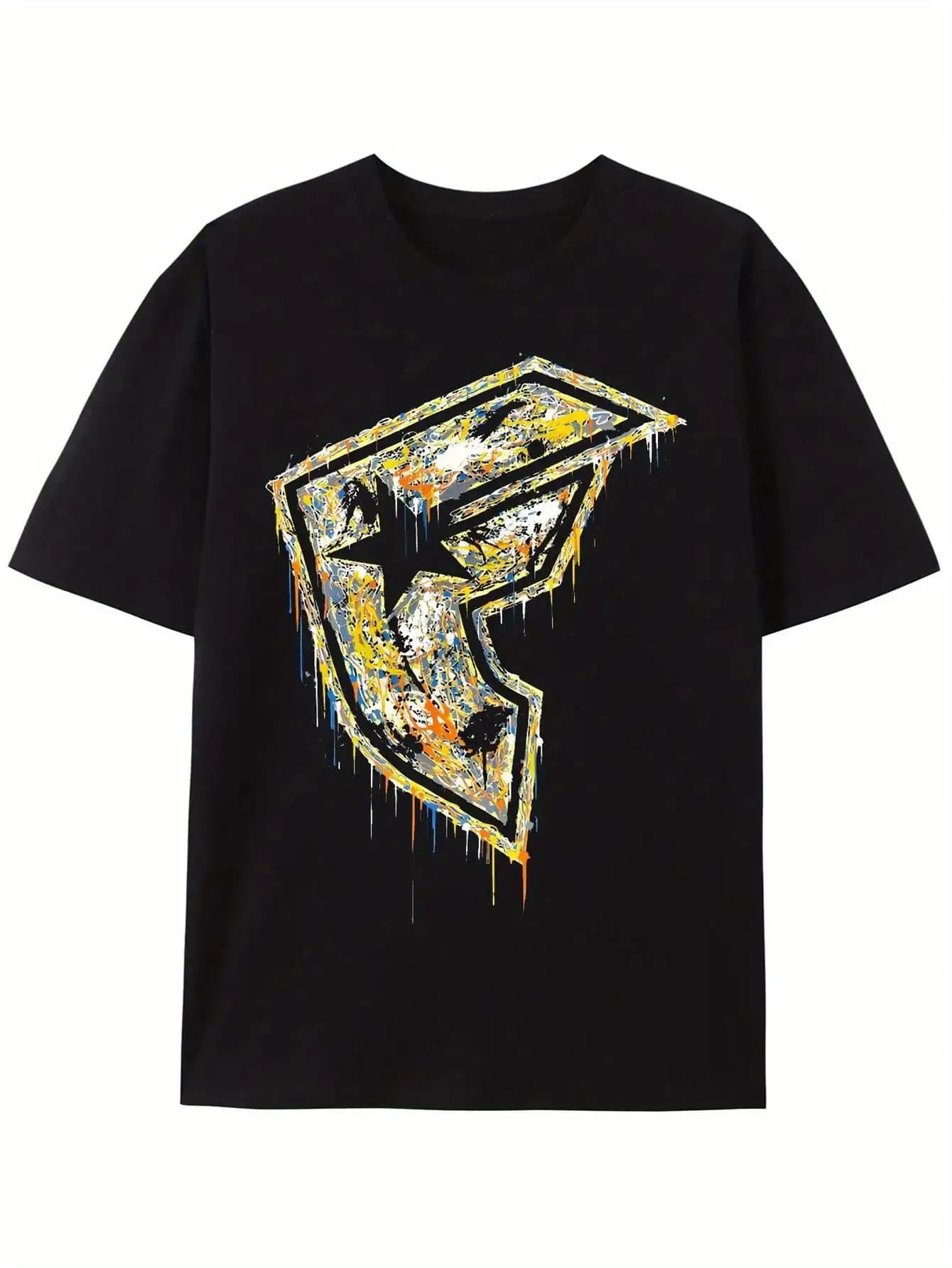 Men's Plus Size 1 Retro Y2K Printed T-Shirt, Black Geometric Paint Drip Logo - Regular Fit, Crew Neck, Short Sleeve, Breathable, Casual Street Style, Suitable for Spring, Summer, and Year-Round Wear - Urban Fashion Essential