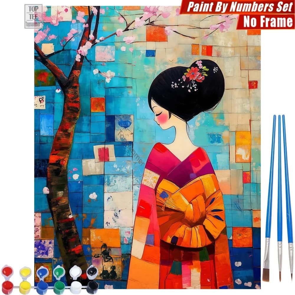 Kimono Woman Cherry Digital Oil Paints Kit - Woman Kimono Abstract Home Bedroom Decor Day Of The Dead Gift For Mom