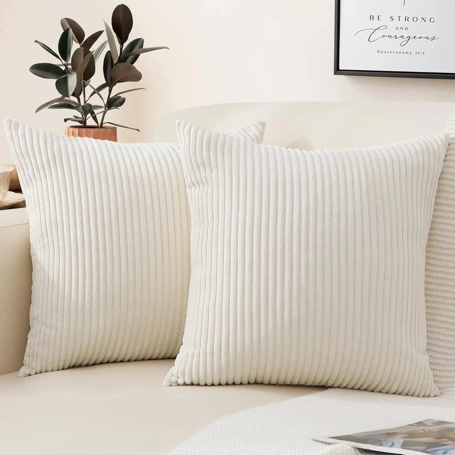 Fodere per cuscini in velluto a coste 18x18 Federa decorativa a righe per soggiorno Letto Fodera per cuscino morbida per divano Beige Bianco