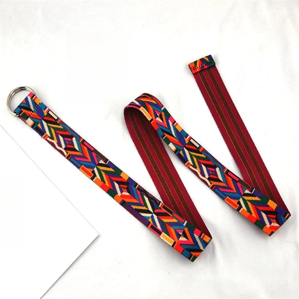 Classic Ethnic Wide Fabric Women Belt With Burgundy Lining Colorful Chevron Geometric Print, Sturdy Double O-Ring Buckle, Retro Bohemian Photo Outfit Accessory, Suitable For Adult Ladies Countryside Vacation Styling