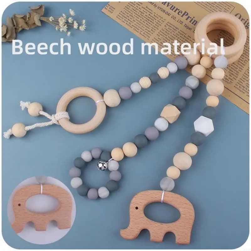 3 Pz/set Baby Gym Telaio Ciondolo Anello Legno Faggio Perline Silicone Massaggiagengive Passeggino Sonaglio per Neonati