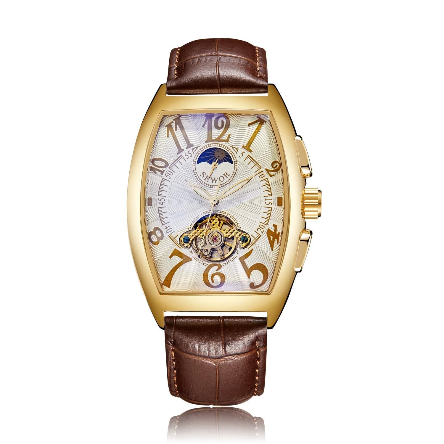 Fashion Sewor Brand Luxury Automatic Mechanical Tourbillon Skeleton Cool Tonneau Wine Barrel Leather Lunar Phase Business Watch