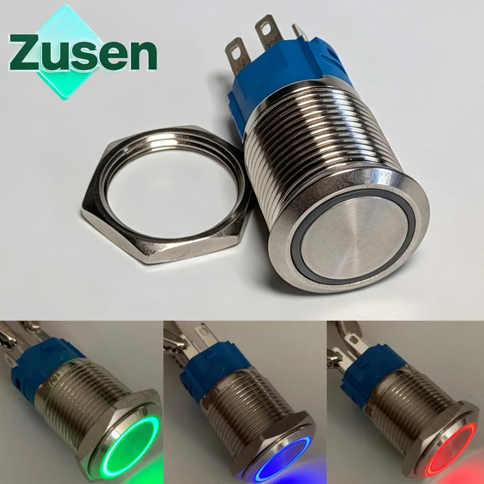 Zusen Button Switch Momentaneo with Three Color RGB Luminous Ring 16mm 1NO1NC IP65 12V 24V 110V 220V
