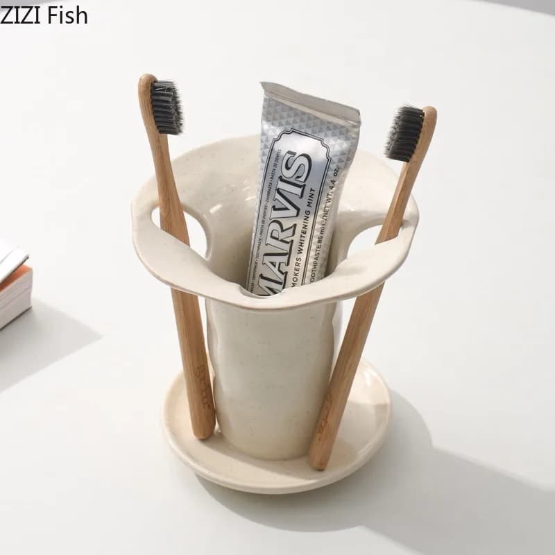 Portaspazzolino in Ceramica, Porta Dentifricio, Base da Scrivania per Spazzolini, Organizzatore da Bagno, Portaoggetti per Articoli da Toeletta e Pennelli da Trucco
