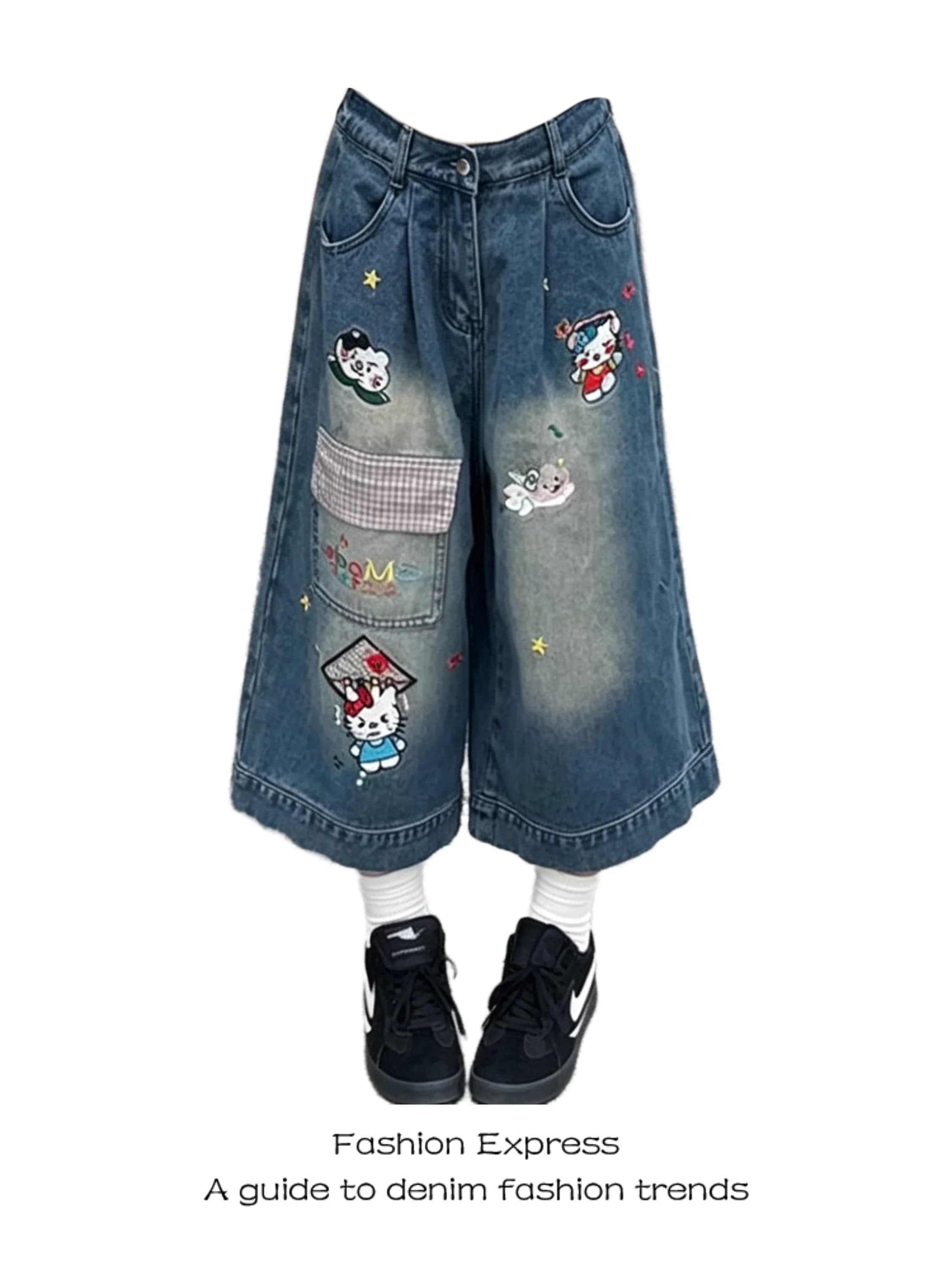 Washed Blue Workwear Seven-Foot Pants Women's Summer Casual Cartoon Embroidery Loose Wide-Leg Shorts High Waist Jeans