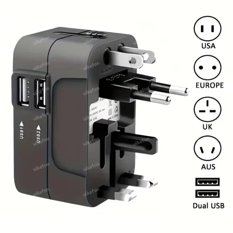 Foldable All-in-One 2.4A Dual USB-A International Travel Adapter Converter From EU/UK/US/AU To EU/UK/US//IT/CH/CL Plug Socket