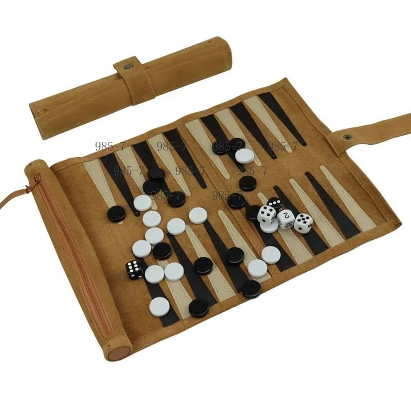 Outdoor Travel Board Game, Portable Roll Up Backgammon Chess Set with Suede Storage Case and Black White Chess Pieces